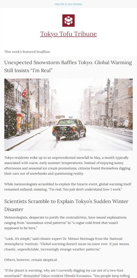 Tokyo Tofu Tribune newsletter screenshot